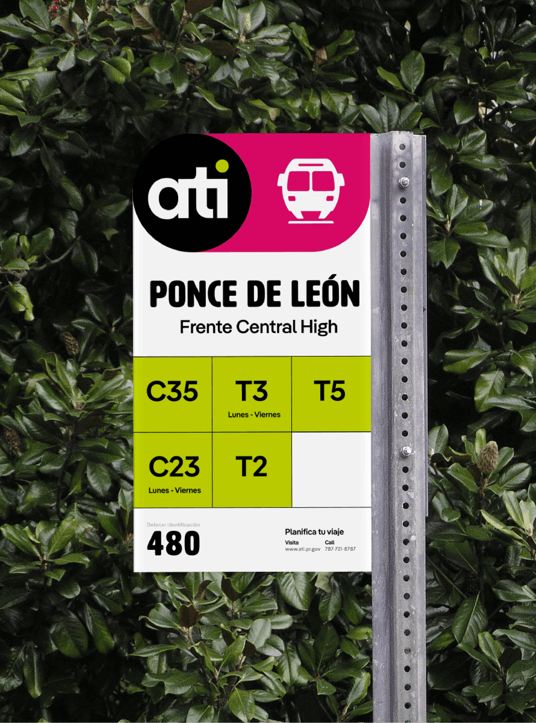ATI Bus Stop Sign — Ponce de León. A colorful ATI bus stop sign displays route numbers, schedules, and location info at Ponce de León.
