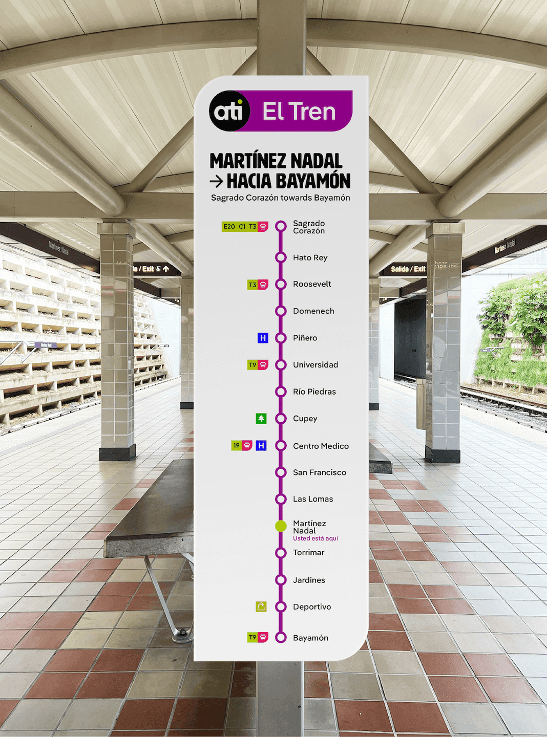 ATI Train Line Map at Station. A tall station sign shows the full ATI rail line with stop names, line colors, and directional information.