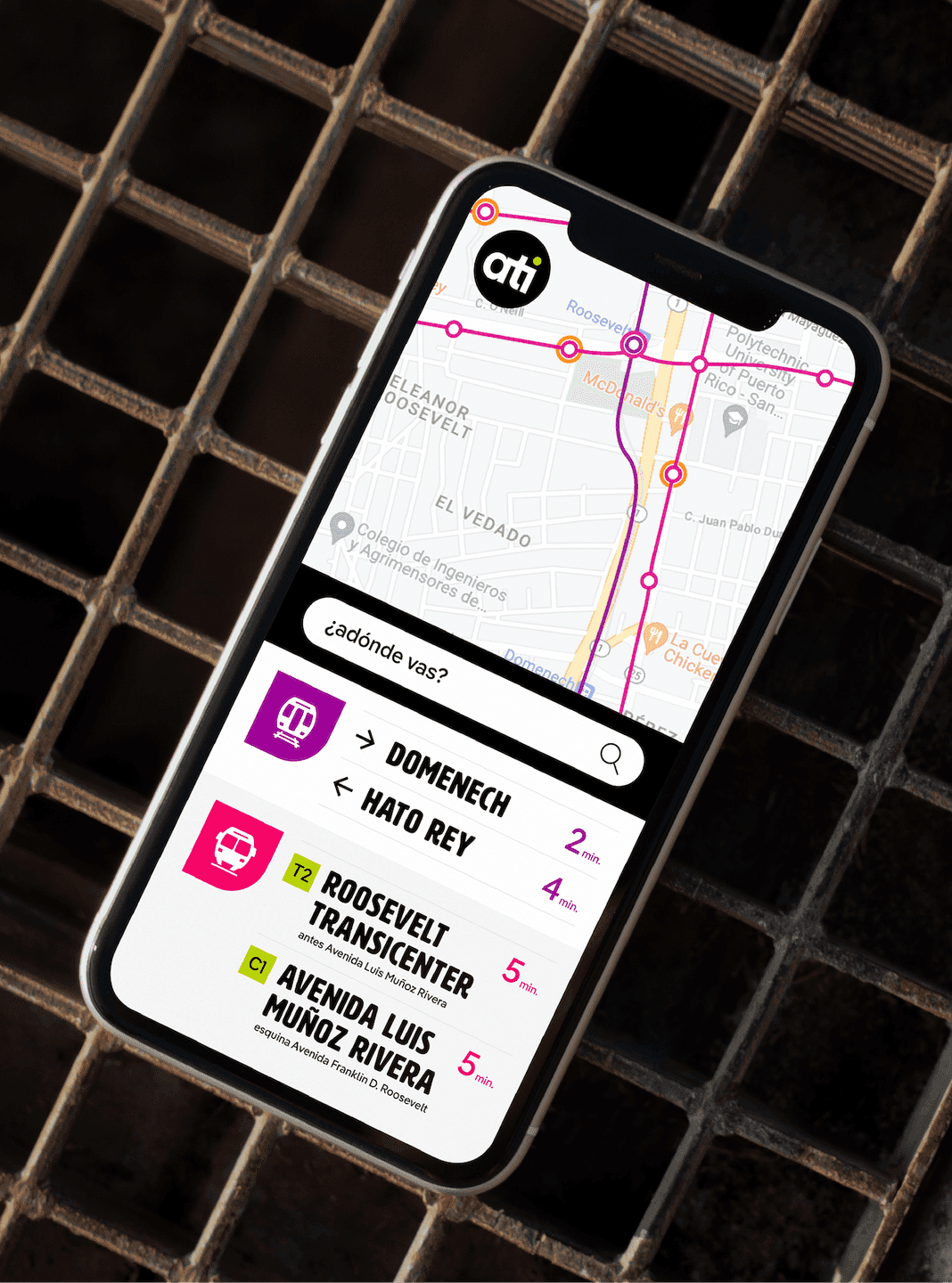 ATI Mobile App Interface. A smartphone screen shows the ATI transit app with live route times and an interactive rail map.