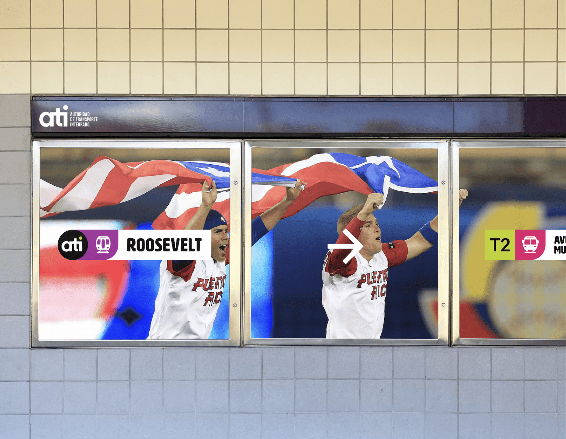 Roosevelt Station Window Graphic. Large window graphics feature ATI branding over a photo of Puerto Rican fans celebrating at Roosevelt station.