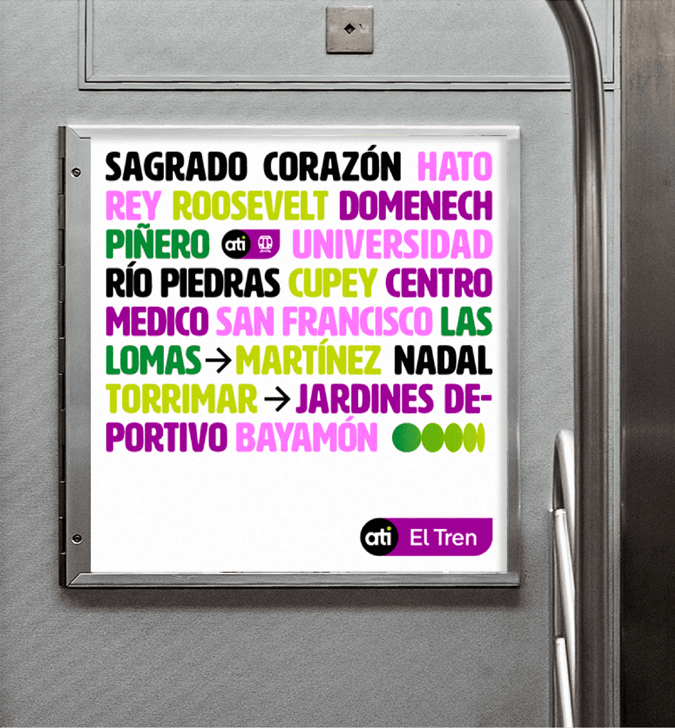 ATI Typography Poster (Train Stops). A poster lists ATI train stops in bold, colorful typography inside a train car.