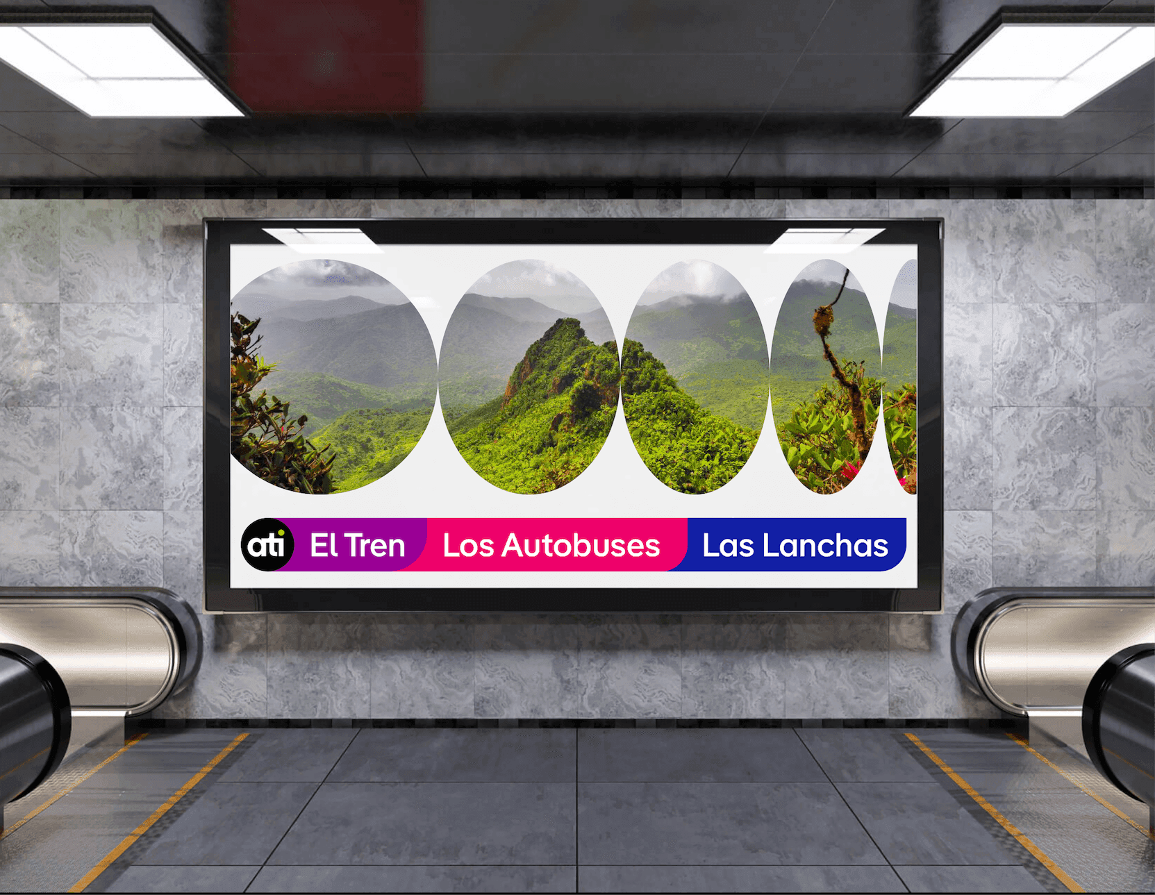 ATI Rail + Bus + Ferry Billboard. A large billboard inside a station highlights ATI’s train, bus, and ferry services with lush Puerto Rico landscape photography.