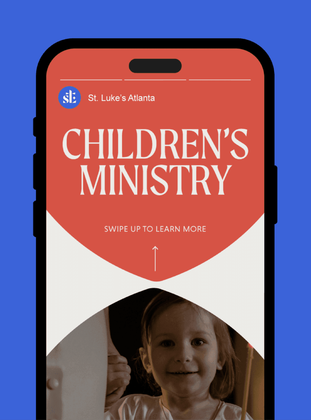 Children’s Ministry Story Graphic Instagram Story promoting St. Luke’s Children’s Ministry with warm colors and a child’s photo.
