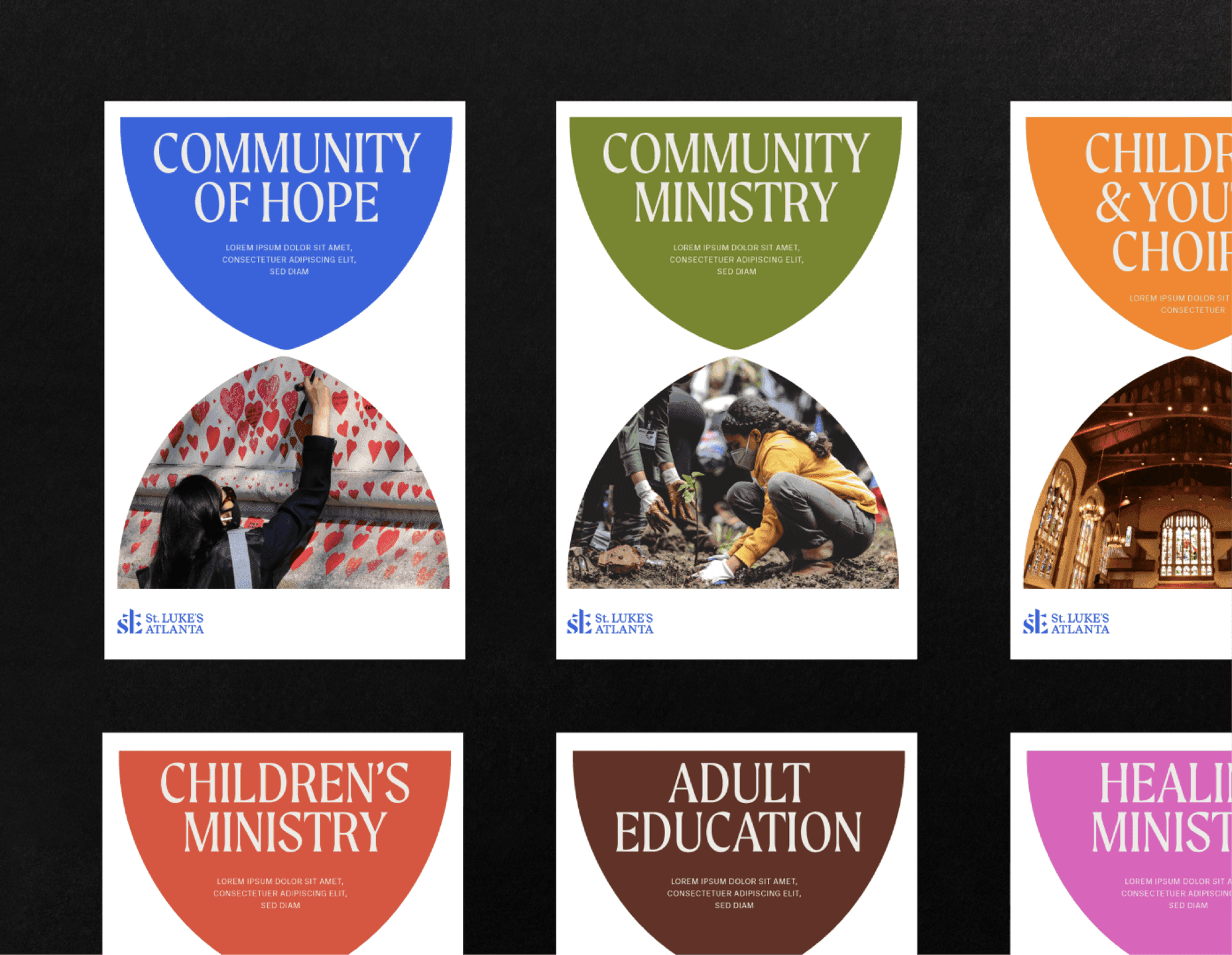 Ministry Program Posters Series of St. Luke’s posters for ministries and programs using colorful arch layouts and photography.