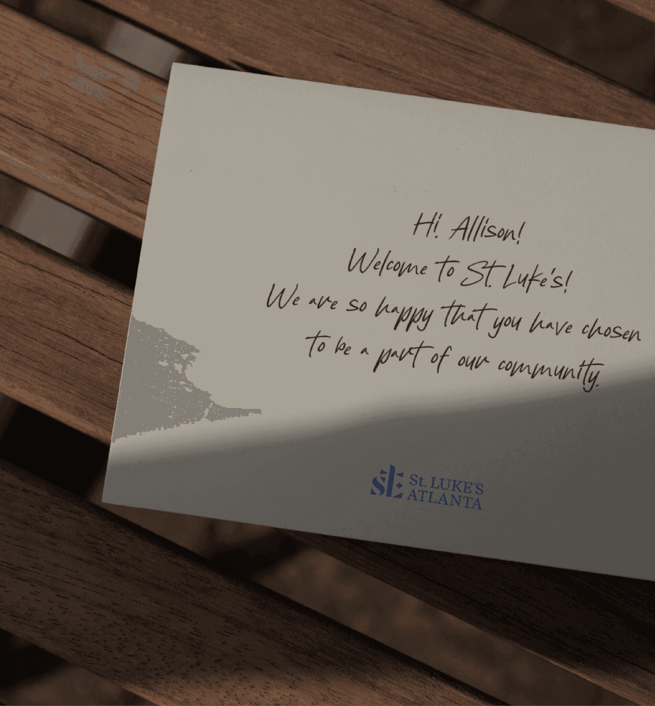 Welcome Note Card Handwritten St. Luke’s welcome card for new community members.