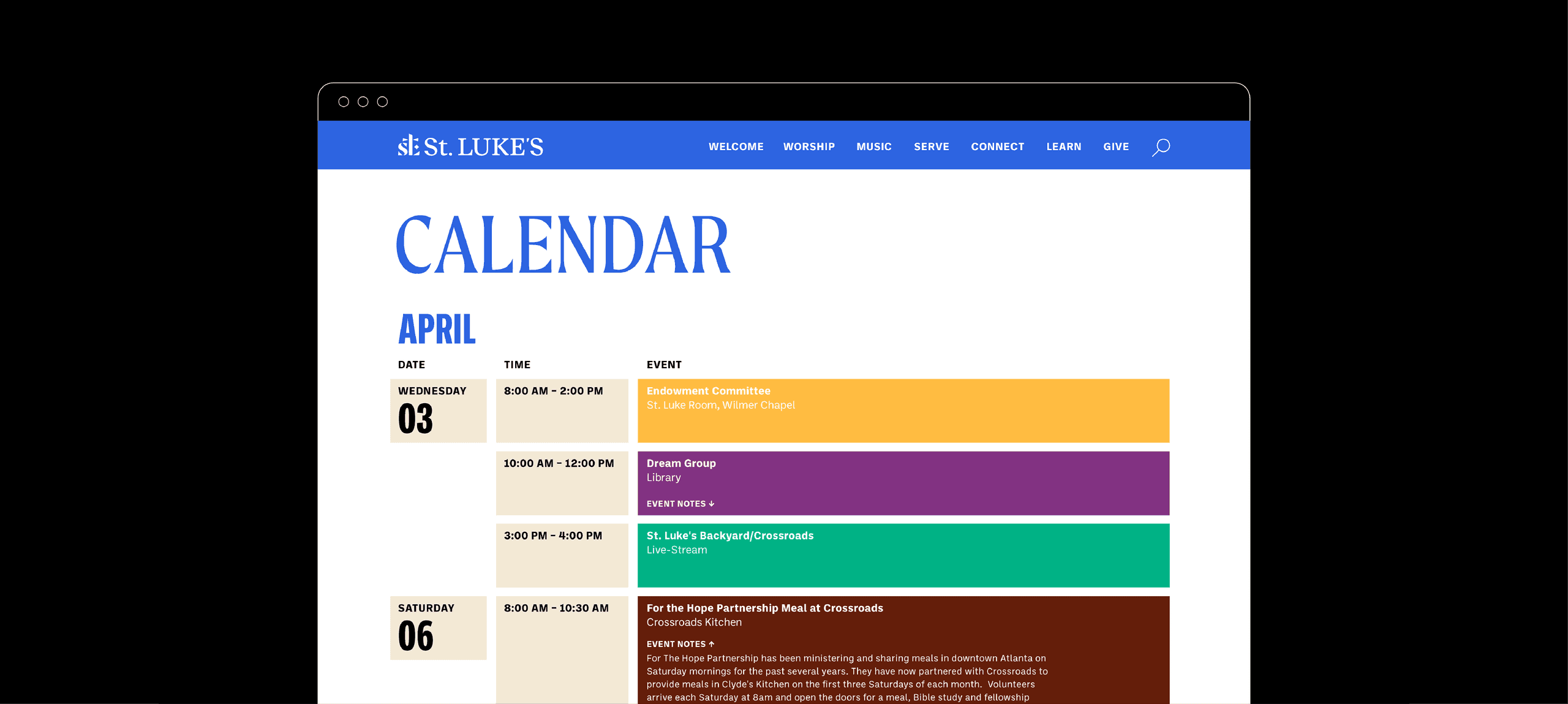 Events Calendar Page St. Luke’s online calendar displaying upcoming events in a clean, color-coded layout.