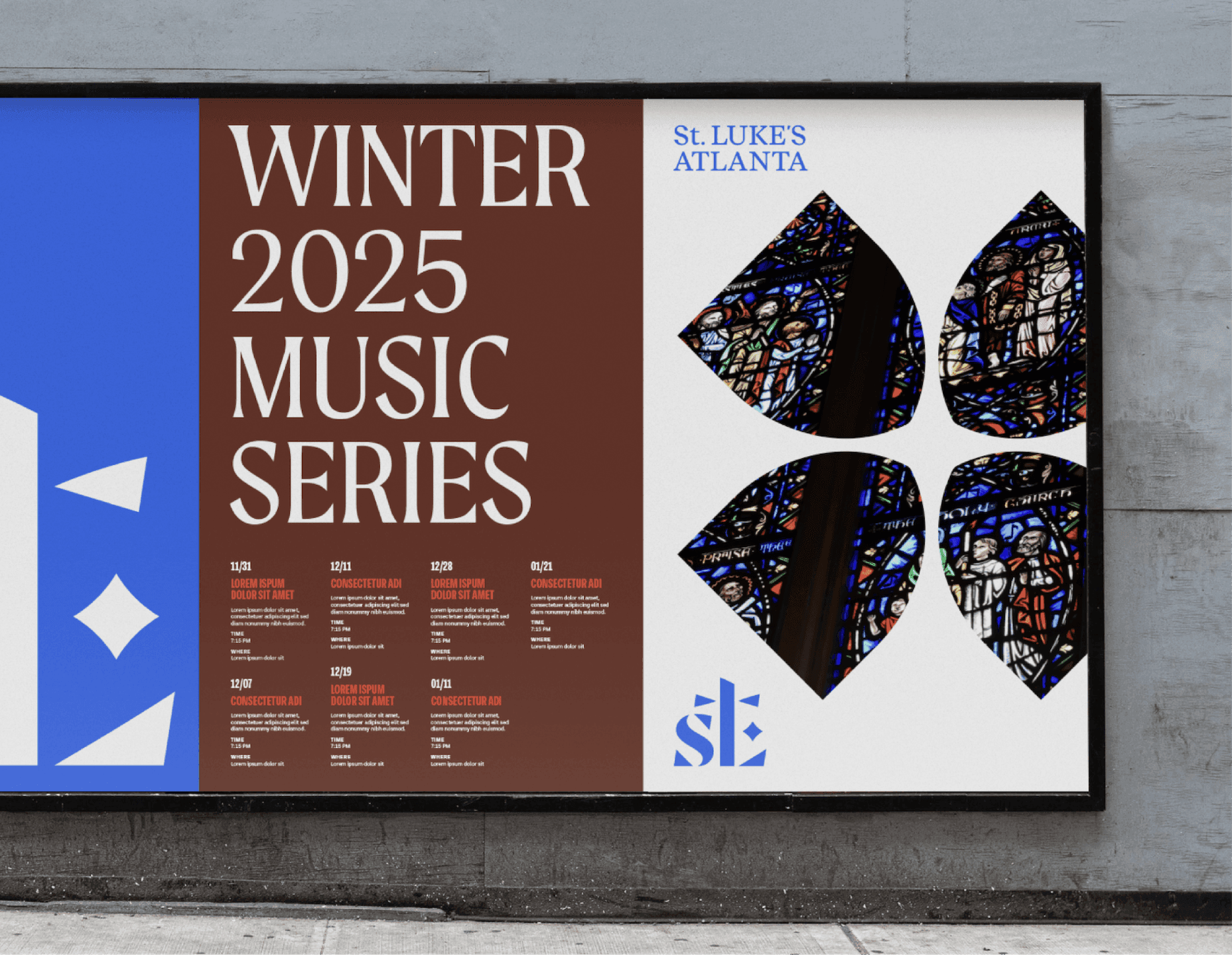Winter Music Series Billboard. St. Luke’s Winter 2025 Music Series billboard featuring stained-glass graphics and large typography.