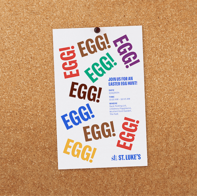 Easter Egg Hunt Flyer Colorful Easter Egg Hunt flyer with repeated “EGG!” text and event details.