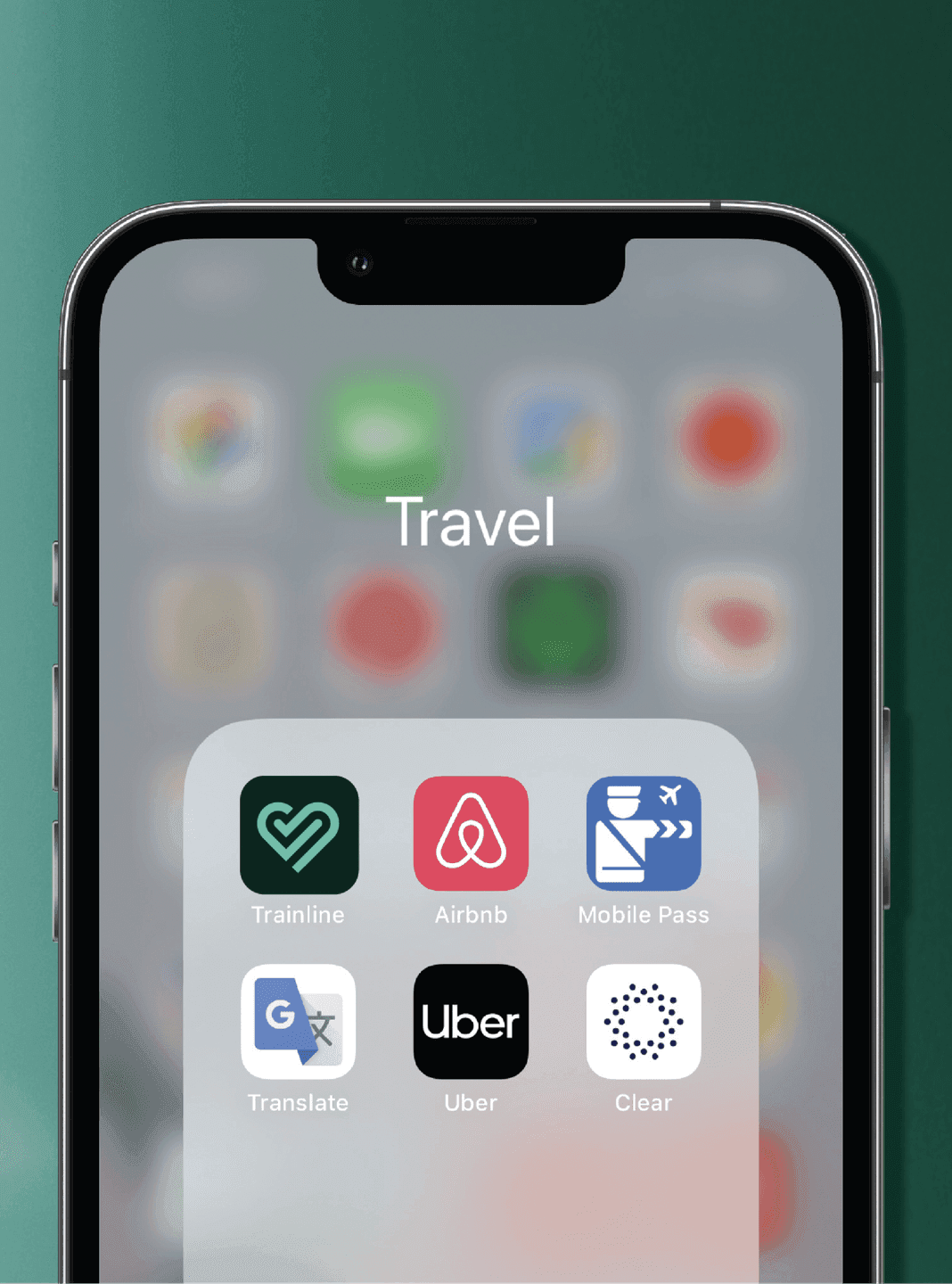 Travel Folder App Icon. The Trainline app icon shown inside a “Travel” folder on an iPhone screen alongside other travel apps.