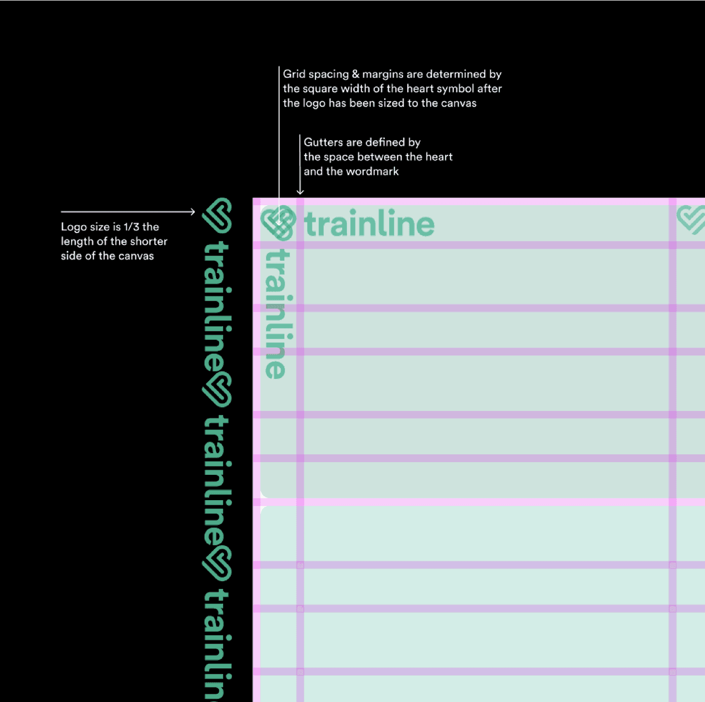Logo Grid System. A layout grid demonstrating spacing rules, margins, and logo placement for the Trainline identity system.