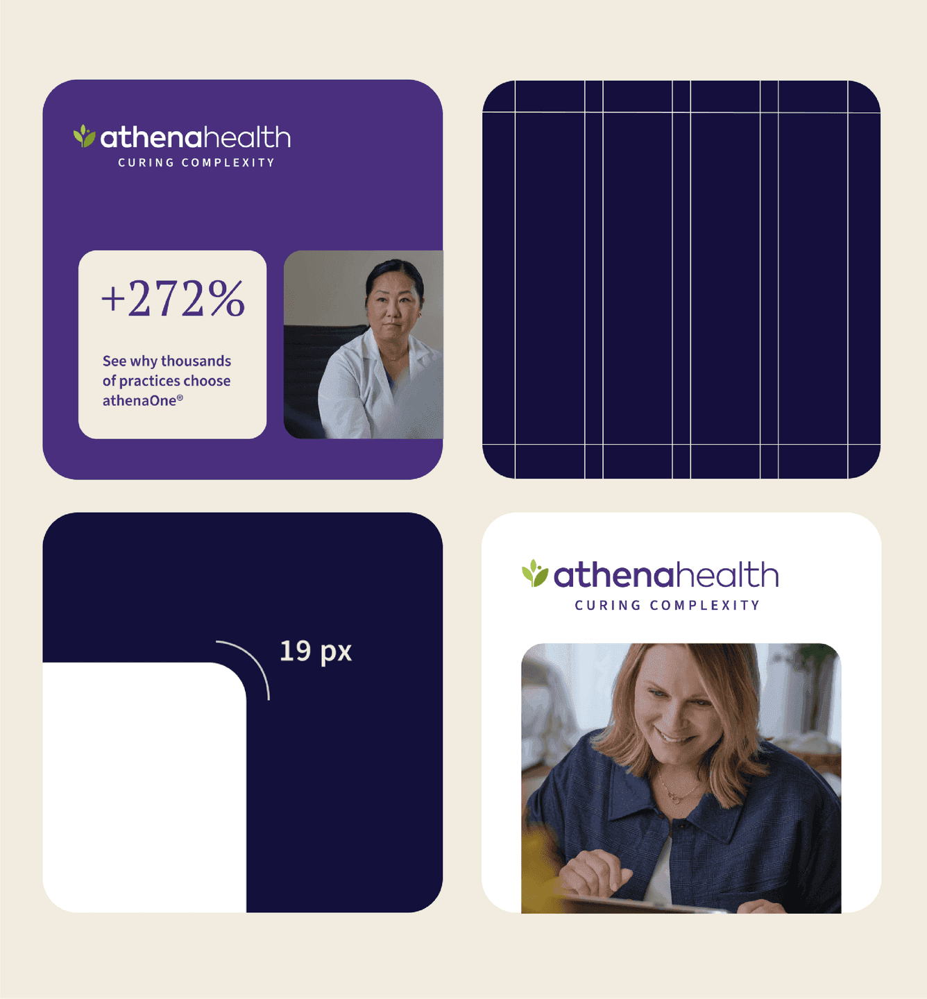 Modular Social Panel System. A grid of four rounded-corner social tiles demonstrating brand patterns, photography, metric callouts, and spacing rules.