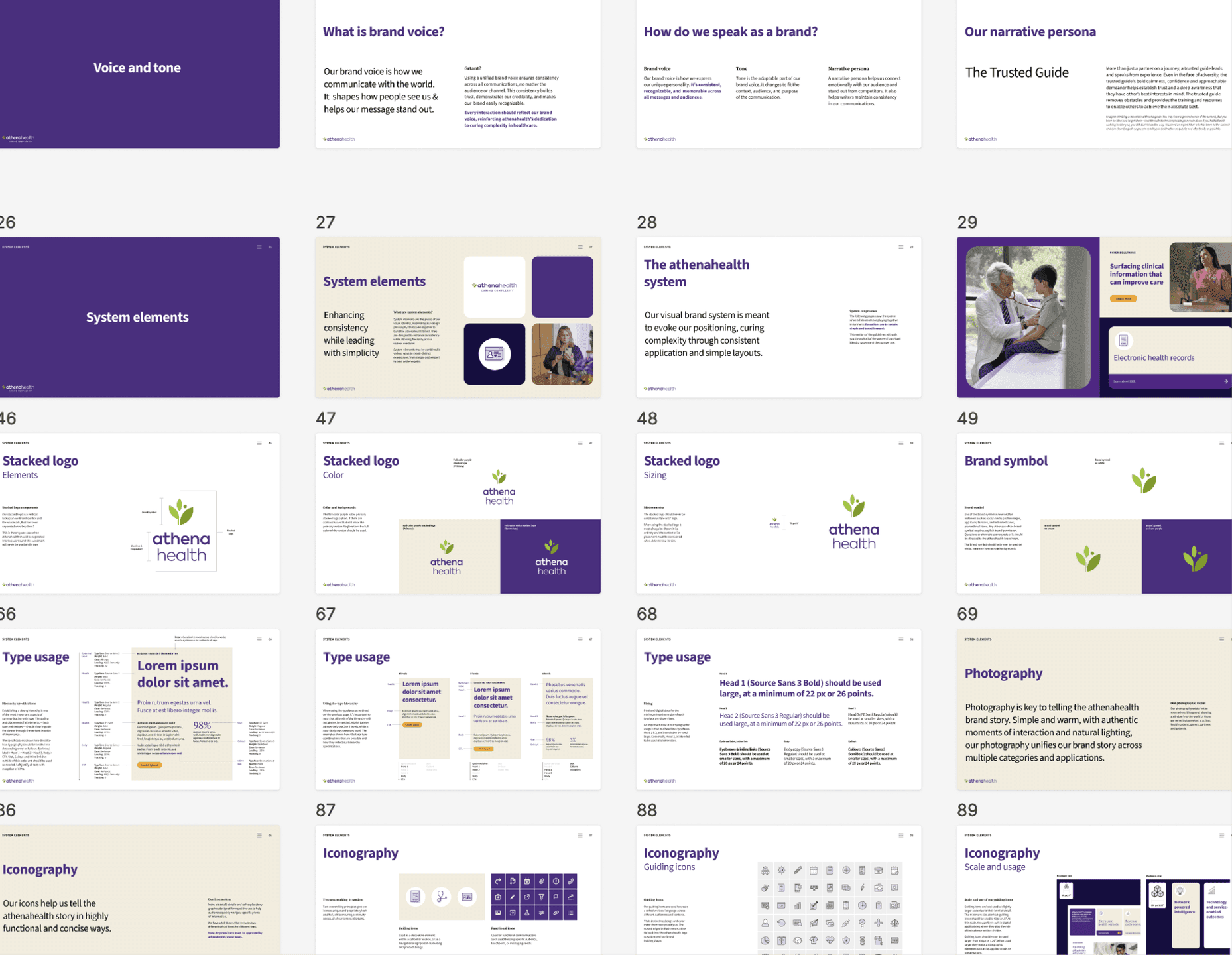 Brand guidelines overview slides. A multi-page layout displays athenahealth’s system elements, logo usage, type, icons, and photography.