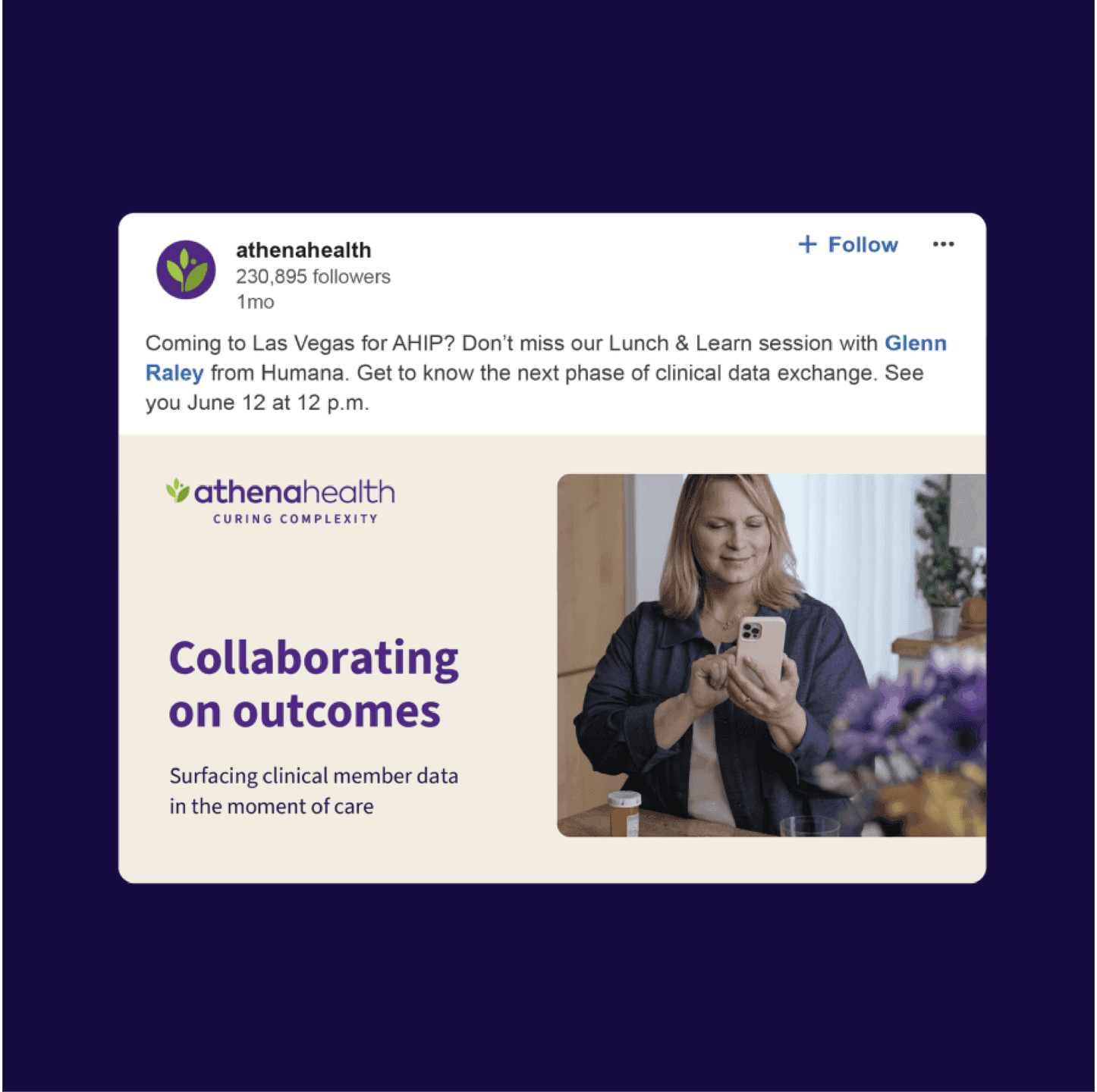Event Promo Social Tile. A social post promoting an Athenahealth Lunch & Learn event, pairing conversational messaging with warm, natural photography.