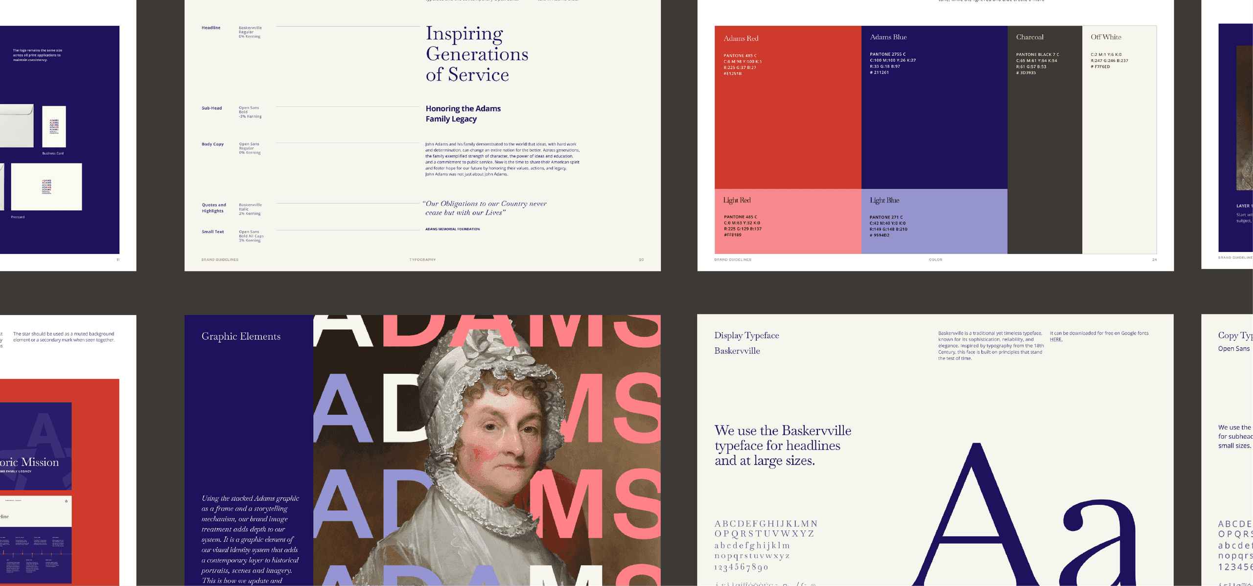 A detailed spread from the Adams Memorial Foundation brand guidelines, showcasing the organization’s color palette, typography system, layout standards, and visual identity principles inspired by the legacy of the Adams family.
