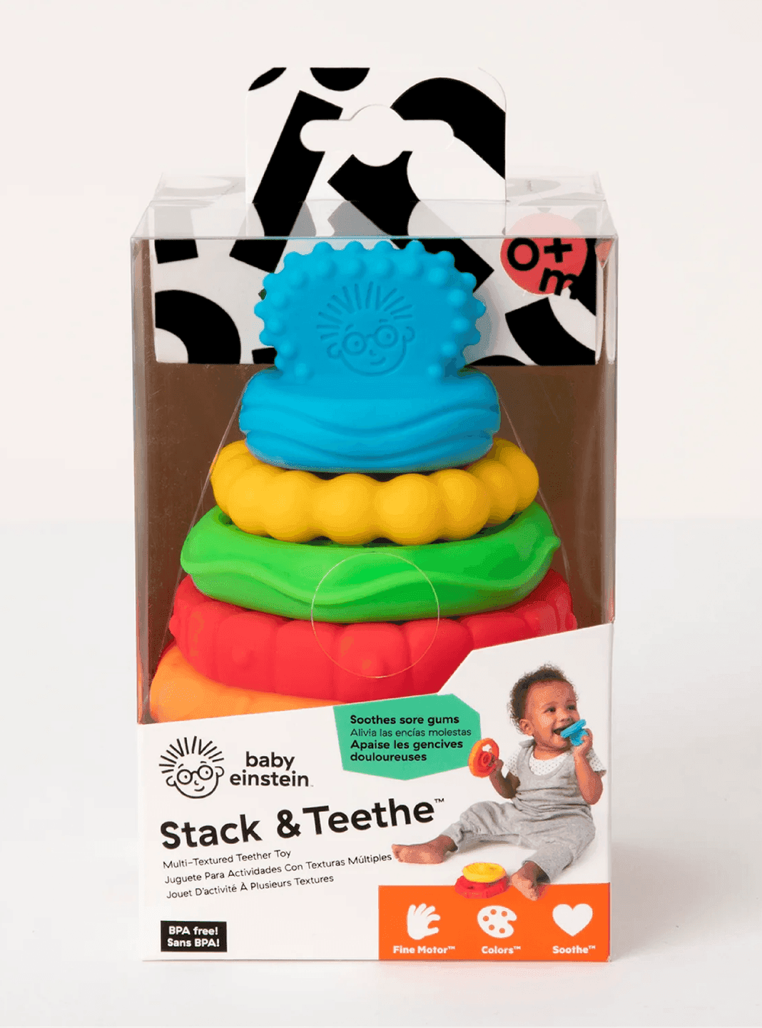 Baby Einstein Stack & Teethe toy packaging. The Baby Einstein Stack & Teethe toy displayed in bright, colorful packaging showing its multi-texture stacking rings.