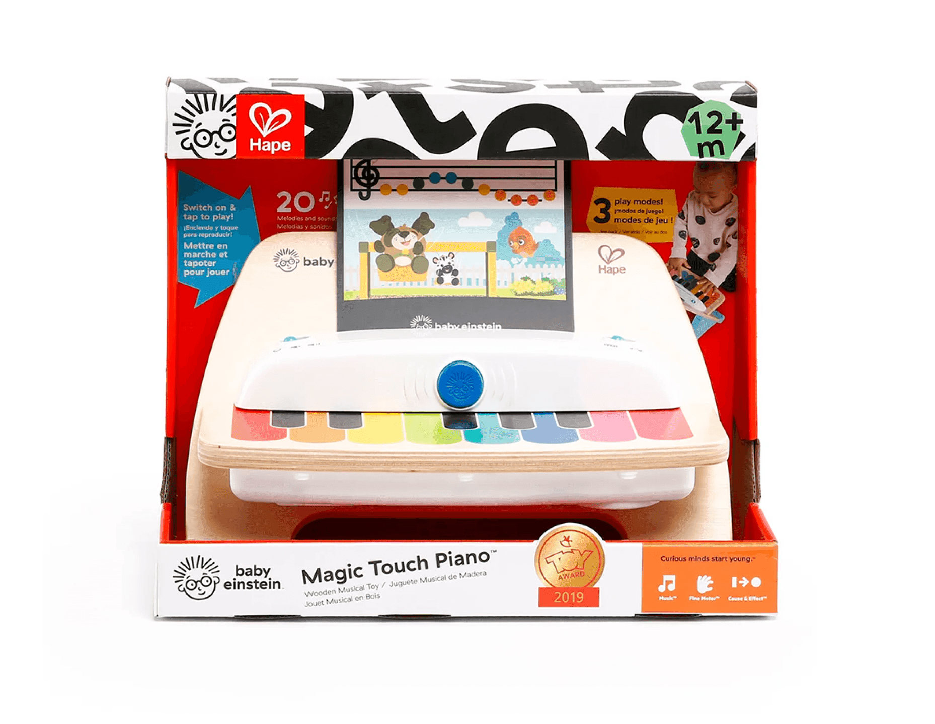 Baby Einstein Magic Touch Piano. The Baby Einstein Magic Touch Piano displayed in its box with rainbow keys and wooden details for early music learning.