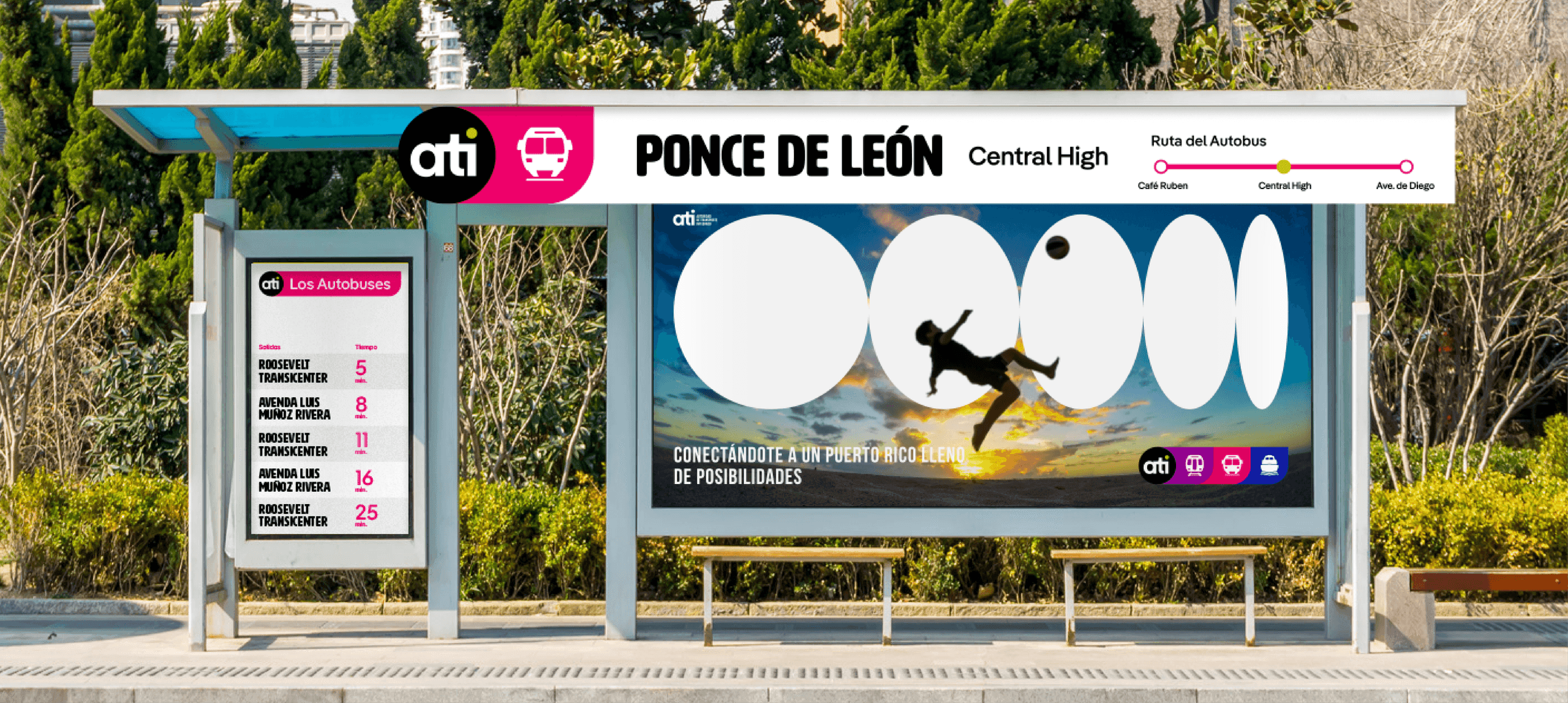 ATI Bus Shelter Ad — Ponce de León. A bus shelter displays ATI branding, a bus route map, and a large photo promoting ease of travel.