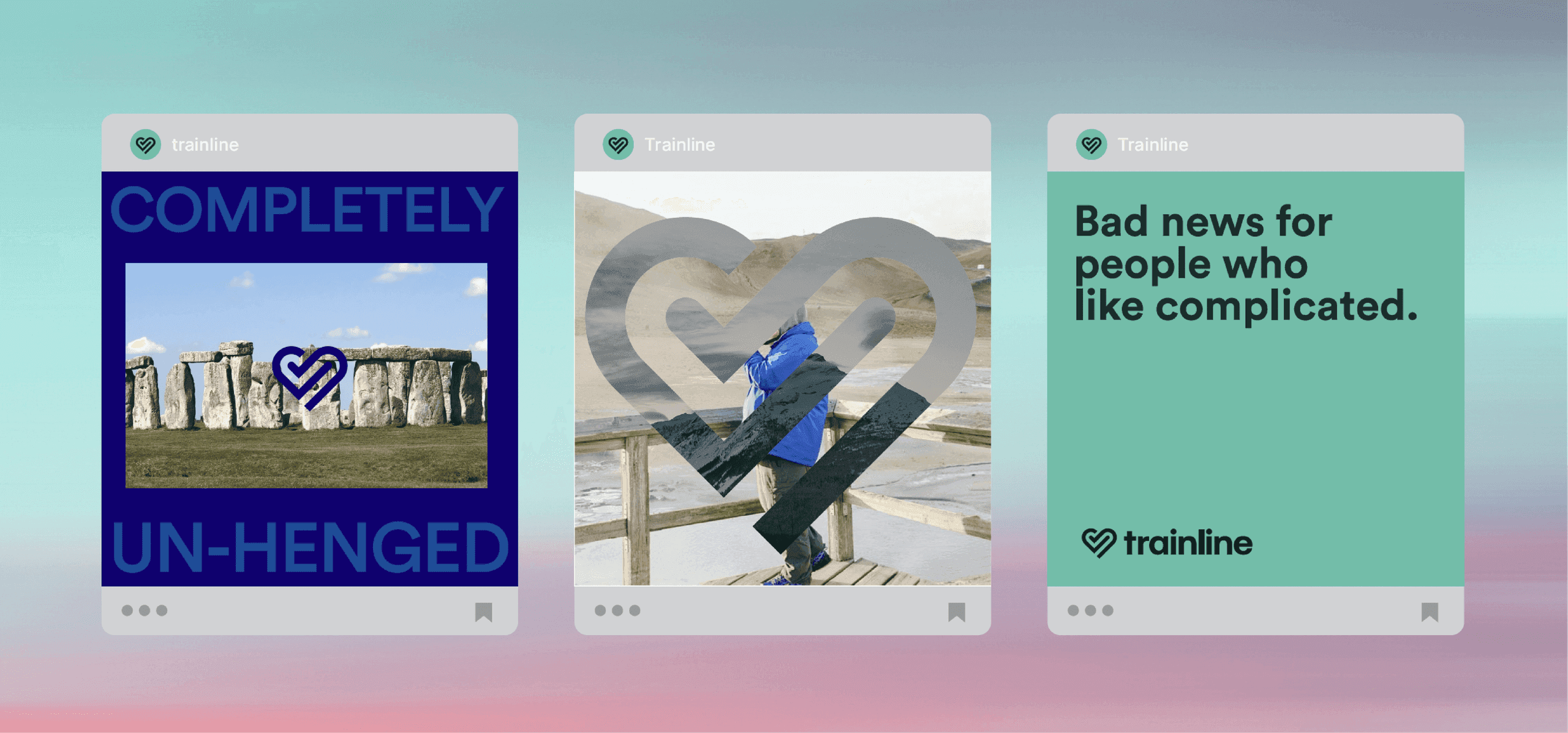 Stonehenge Social Post. A bold social graphic overlays Stonehenge with Trainline’s heart icon and the headline “Completely Un-Henged.”